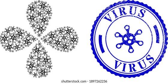 Virus curl motion, and blue round VIRUS rubber badge with icon inside. Element flower with 4 petals organized from oriented virus symbols. Vector flower collage in flat style.
