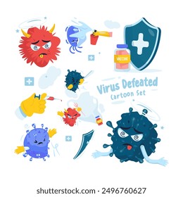 Virus defeated cartoon set, Attenuated virus character set, Vector illustration