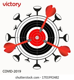 Das Virus ist besiegt. Konzept-Quarantäne-Ende, Vektorillustration-Illustration, Coronavirus in der Mitte des Ziels durch Pfeile geschlagen, Covid 19, Ende einer Pandemie. Die Lösung ist gefunden.