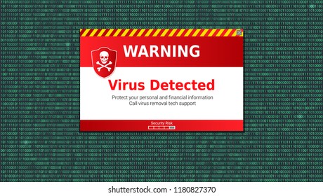 Virus detected, alert message. Scanning and identifying computer virus inside binary code listing. Warning message above area of the code with computer virus.