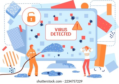 Virus detected, business security from hacker vector illustration. Warning alert at computer screen, man data protection in office.