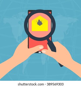 Virus detected found on display screen tablet mobile phone attachment with email  and hands holding magnifying glass. Vector illustration flat design technology tablet mobile phone security concept.