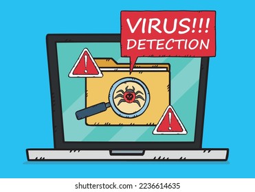 The virus detected on the screen of the laptop along with a sign informing of the danger and a caption. Vector hand drawn illustration.