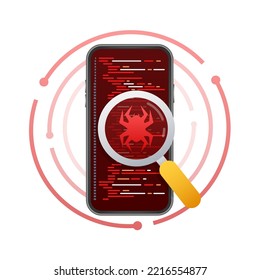 Virus detectado en el smartphone, Malware. Aviso de ataque de virus. Ilustración de material vectorial.