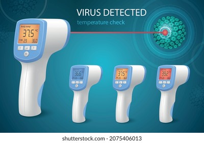 Virus detected realistic colored background demonstrated set of modern digital devices used for body temperature check vector illustration