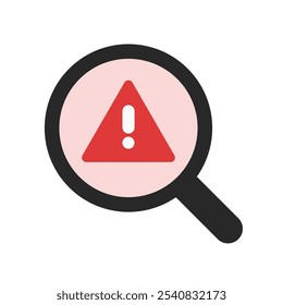 Ícone de detecção de vírus. Lupa com alerta de vírus de aviso. Conceitos de tecnologia, erro, malware, hackers, fraudes. Ilustração isolada de design de vetor plano.