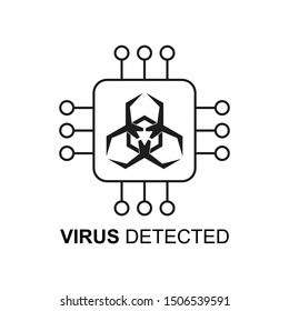 Virus detection icon. With text: Virus detected. Virus scanning concept. Flat. Isolated on white background. 