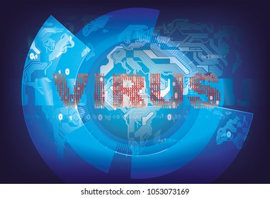 Virus detection.
Printed circuit board in the form of a map. Binary code forming the inscription Virus. Illustration, Vector. EPS-10.
