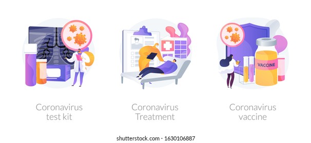 Virus diagnosis and patient treatment abstract concept vector illustration set. Coronavirus test kit, coronavirus patient isolation quarantine and treatment, vaccine development abstract metaphor.