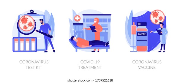 Virus diagnosis and patient treatment abstract concept vector illustration set. Coronavirus test kit, covid19 patient isolation quarantine and treatment, vaccine development abstract metaphor.