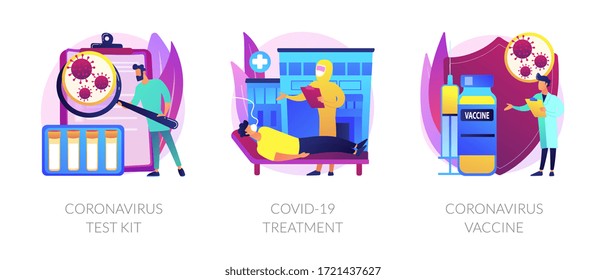 Virus diagnosis and patient treatment abstract concept vector illustration set. Coronavirus test kit, covid19 patient isolation quarantine and treatment, vaccine development abstract metaphor.