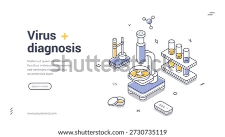 Virus diagnosis web banner. Isometric template for a science laboratory. Vector illustration with microscope and test tubes for medical research or a healthcare landing page