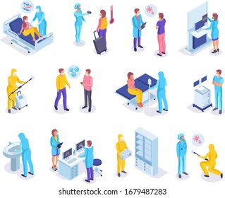 Virus diagnostics in hospital. Medical workers and patients. Isometric vector illustration showing virus prevention measures, protect medical workers during an epidemic, early diagnosis of the disease