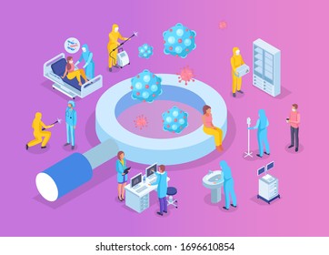 Virusdiagnose in Krankenhausvorlagen
 . Mediziner in Schutzkleidung während einer Epidemie und Patient im Krankenhausbett. Moderne isometrische Illustration.