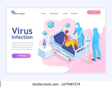 Virus diagnostics in hospital template for web sites etc. Medical workers in protection costumes during an epidemic and patient on hospital bed. Modern isometric illustration.