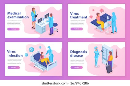 Virus diagnostics in hospital templates for web sites etc. Medical workers in protection costumes during an epidemic and patient on hospital bed or with symptoms. Modern isometric illustration.