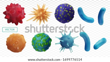 Virus disease. Abstract background virus. Set virus. Virus icon set. Infection flu, pneumonia.Bacteria, microbes fungi. Danger to a living organism.Viruses under the microscope.Vector illustration