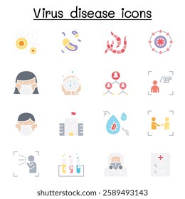 Virus disease, Covid-19, Corona virus icon set in flat color style