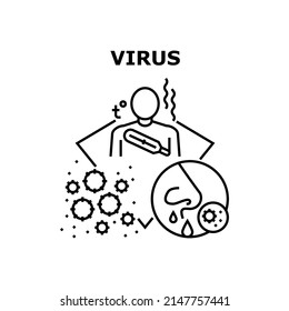 Concepto de icono del vector de enfermedades de virus. Nariz Rinua Y Cuerpo Alta Temperatura Virus Coronavirus Síntoma, Covid-19 E Influenza Infección Bacteriana Problema De Salud Ilustración Negra