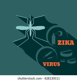 Virus diseases transmitter. Mosquito silhouette. Zika virus text. Syringe. repellent spray and pills. Flat style vector illustration