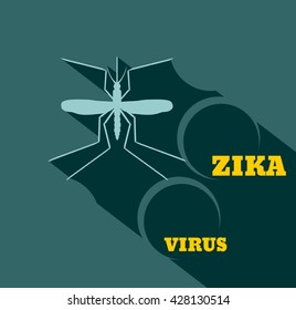 Virus diseases transmitter. Mosquito silhouette. Zika virus text. Flat style vector illustration