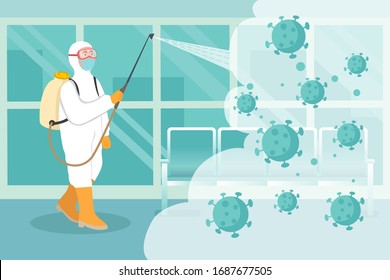 Virus Disinfection concept. Man in white hazmat suit cleaning public area from corona virus