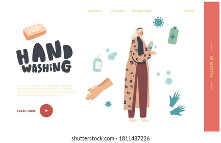 Virus Disinfection Landing Page Template. Female Character Spraying Sanitizer on Hands. Antibacterial Liquid. Coronavirus Infection Prevention, Disinfect and Wash Hands. Linear Vector Illustration