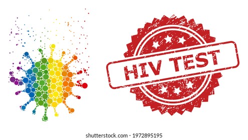 Virus dissipation collage icon of spheric dots in variable sizes and LGBT multicolored shades, and HIV Test rubber rosette stamp. A dotted LGBT-colored Virus dissipation for lesbians, gays,