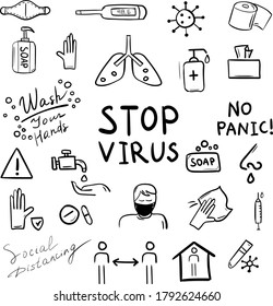 Virus doodle drawing collection. Elements such as medicine, thermometer, mask, etc are included. Hand drawn vector doodle illustrations isolated over white background.