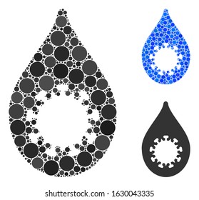 Virus drop mosaic of round dots in variable sizes and color tints, based on virus drop icon. Vector round elements are composed into blue mosaic. Dotted virus drop icon in usual and blue versions.