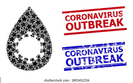 Virus-Stern-Muster und grunge Coronavirus-Ausbruch-Briefmarken. Rote und blaue Briefmarken mit unscharfem Stil und Coronavirus Outbreak Tag.