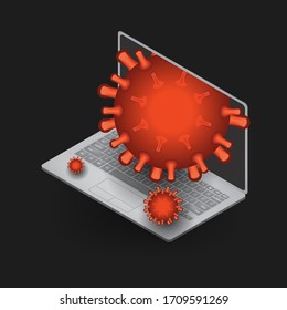 Der Virus fällt vom Bildschirm des Notebooks ab. Pandemiekonzept