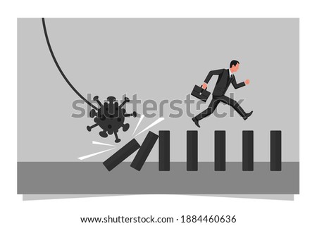 Virus effect concept. Coronavirus bacteria is pushing a piece of dominoes. Businessman runs away from falling effect. Human running forward. Vector illustration flat design.
