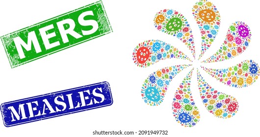 Virus egg icon colored curl spin turbine salute composition, and scratched Mers stamp. Blue Measles and green Mers rectangle grunge seal stamps.
