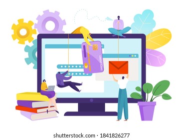 Virus and email cyber attack by hacker, crime in laptop vector illustration. Protection for privacy information, graphic security hacking. Online thief criminal internet account find code to security.