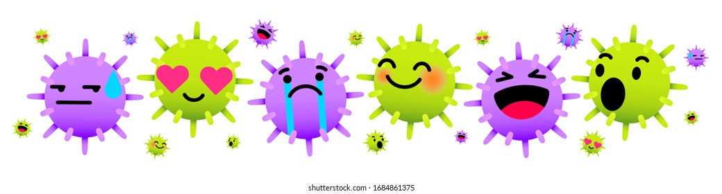 Virus Emoticon, COVID-19 Emoticon, Bakterienemoticon, Krebsemoticon in Liebe, Lachen, wow, aufgeregt, traurig, weinen Emotion. PM2,5 Vektorillustration. Virus-Vektorillustration und COVID-19-Vektorillustration. 