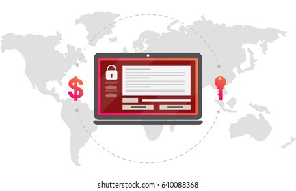 Virus encryptor message on laptop screen. World map background. Money exchange for a key. Editable eps10 Vector. Transparent background.