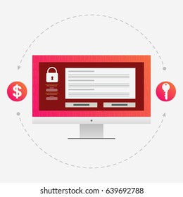 Virus encryptor message on pc screen. Money exchange for a key. Editable eps10 Vector. Transparent background.