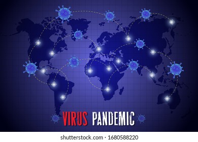 Virus-Epidemie 2020 Verbreitung der weltweiten Vektorillustration Poster. Vorbeugung, Panik und Sensibilisierung gegen Atemwegserkrankungen mit Coronavirus. Corona-Virus-Erreger Keimhintergrund. Vorlage für medizinisches Banner