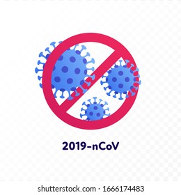 Konzept der Virusepidemie. Vektorillustration Moderne Flachgrafik. Coronavirus-Symbol im Kreis Stoppschild einzeln auf transparentem Hintergrund. 2019-nCoV-Text Design-Element für medizinisches Banner, Infografik