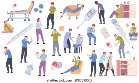 Virus epidemic flat set with medical tools and sick people coughing sneezing running temperature taking pills consulting doctor isolated vector illustration