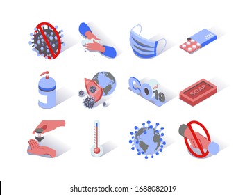 Virus epidemic isometric icons set. Soap, safety mask, antiseptic and pills pictograms. World hygiene and quarantine. Hand washing and handshake prohibition. Coronavirus infection 3d vector isometry.