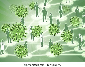 A virus epidemic spreading concept with stylised virus cells, like corona virus cell molecules spreading between a network of people. 