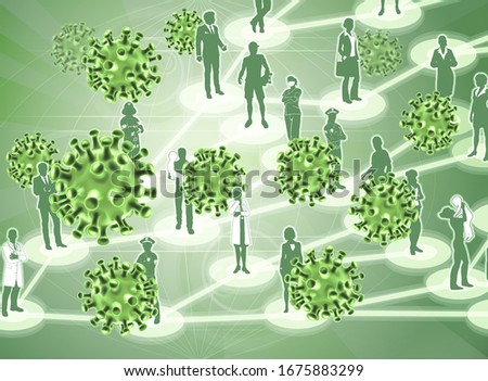 A virus epidemic spreading concept with stylised virus cells, like corona virus cell molecules spreading between a network of people. 