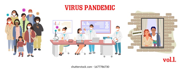 Virus epidemic vector illustration. Coronavirus respiratory disease prevention, awareness. Group of people wear mask, microbiology scientists in lab, couple quarantine at home. Corona virus pandemic