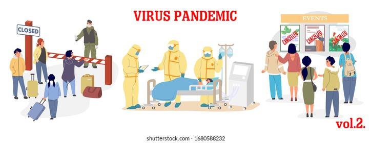 Virus epidemic vector illustration. Coronavirus respiratory disease prevention. Closed borders, ICU room and doctors in protective suits, quarantine and canceled events. Corona virus pandemic