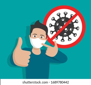 Virus epidemy prevention concept - happy smiling young man with respiratory mask and thumbs up - motivation poster in flat cartoon style