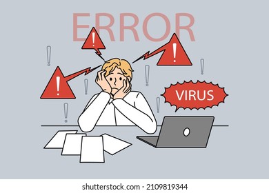 Virus y error en el concepto de laptop. Hombre trabajador confuso estresado sentado y con un virus de error en la ilustración vectorial del ordenador portátil 