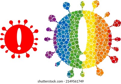 Virus exclamation mosaic icon of filled circles in variable sizes and spectrum colored color tints. A dotted LGBT-colored virus exclamation for lesbians, gays, bisexuals, and transgenders.