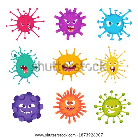 Virus faces. Medical characters bacteria mascot smiling monster pathogenic virus exact vector set